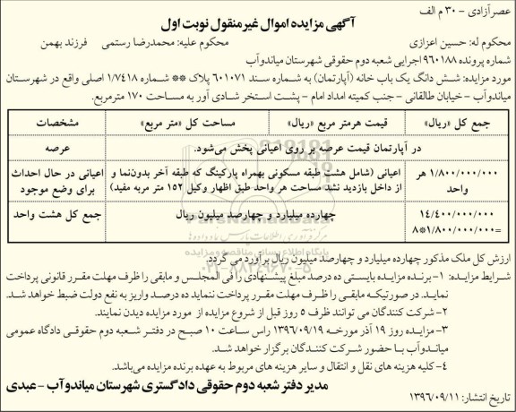 مزایده ,مزایده ششدانگ خانه مساحت 170 متر