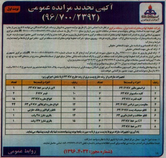 آگهی تجدید مزایده عمومی , تجدید مزایده فروش ترانسفورماتور و ...
