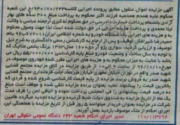 مزایده , مزایده فروش خودرو سواری پژو آردی 1600