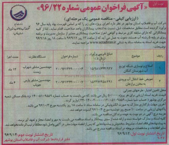 آگهی فراخوان عمومی, مناقصه اصلاح و نوسازی شبکه توزیع آب و ...