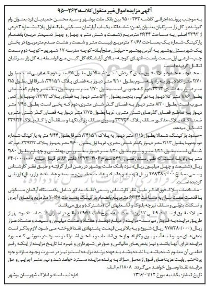 مزایده,مزایده ششدانگ آپارتمان مسکونی مساحت 66.44متر 