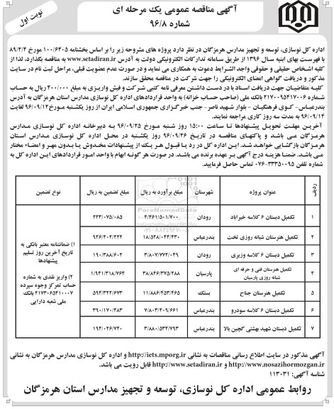 آگهی مناقصه عمومی، مناقصه تکمیل دبستان 6 کلاسه ...