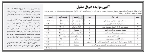 آگهی مزایده اموال منقول، مزایده صندلی کوچک گردان...