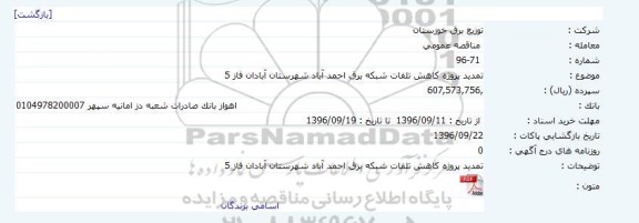تمدید پروژه کاهش تلفات شبکه برق احمدآباد شهرستان آبادان فاز 5