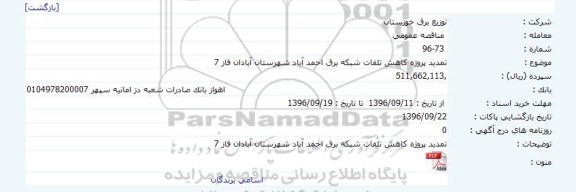 تمدید پروژه کاهش تلفات شبکه برق احمدآباد شهرستان آبادن فاز 7