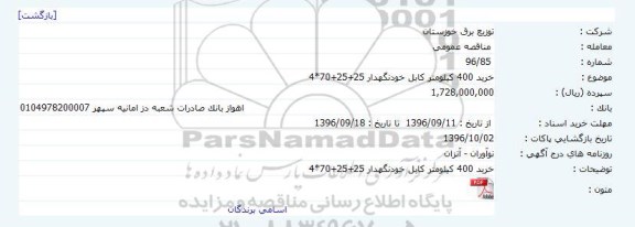 مناقصه خرید 400 کیلومتر کابل خودنگهدار 