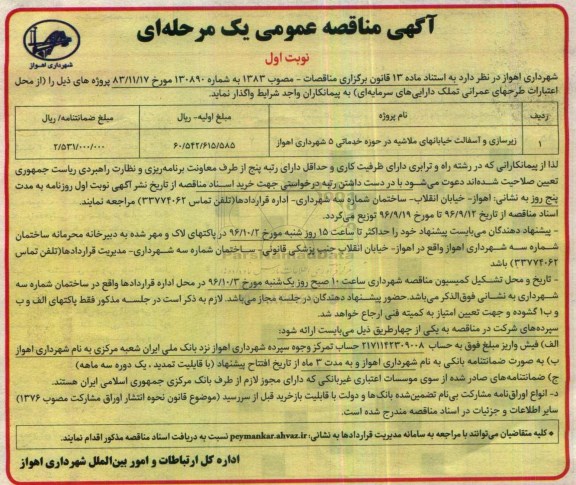مناقصه عمومی, مناقصه زیرسازی و آسفالت خیابان در حوزه خدماتی 5 شهرداری