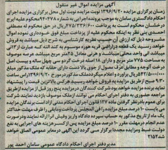 مزایده,مزایده یک قطعه اراضی قریه هوره عرصه 775متر