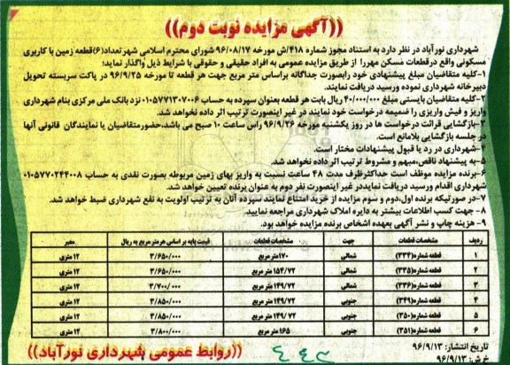 مزایده,مزایده واگذاری تعداد شش قطعه زمین مسکونی نوبت دوم