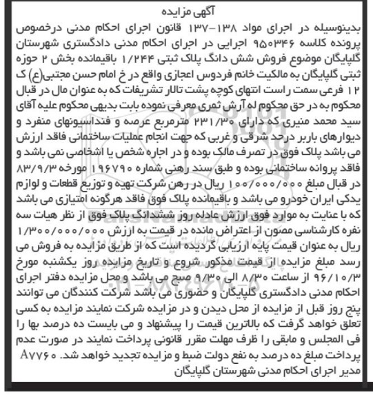 مزایده,مزایده ششدانگ پلاک ثبتی 1/244 بخش دو