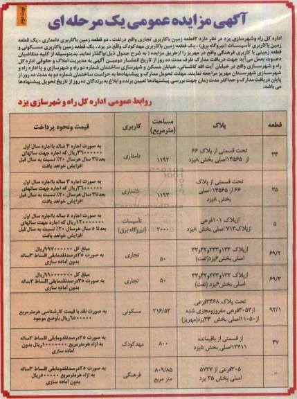 آگهی مزایده عمومی, مزایده واگذاری زمین با کاربری تجاری، دامداری، تاسیسات و ... (نوبت دوم)