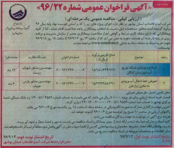 آگهی فراخوان عمومی , مناقصه اصلاح و نوسازی شبکه توزیع آب و ...نوبت دوم