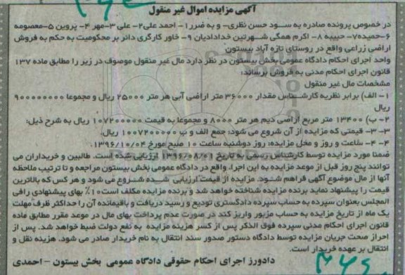 مزایده,مزایده مقدار 36000 متر اراضی آبی