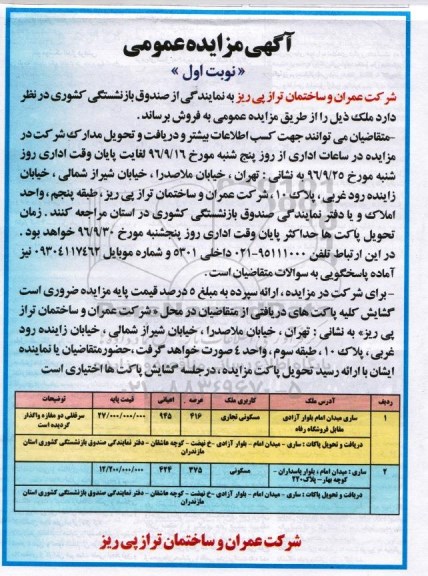 مزایده,مزایده فروش ملک مساحت اعیان 945 و 424متر