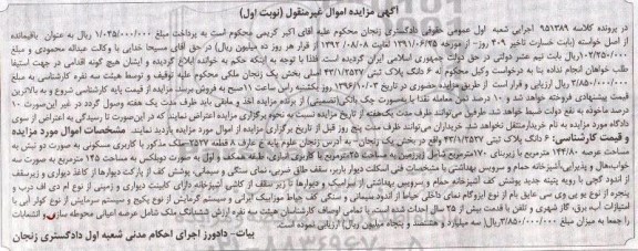 مزایده,مزایده ششدانگ پلاک ثبتی عرصه 144.80متر نوبت اول