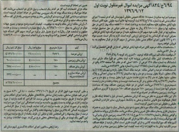 مزایده,مزایده ملک مساحت عرصه 257.6متر