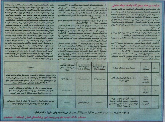مزایده, مزایده عرصه و اعیان یک باب سوله صنعتی و مستحدثات جنبی مرحله سوم