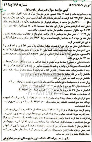 مزایده,مزایده دو دانگ از ششدانگ پلاک ثبتی بخش سه قم 