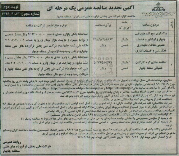 مناقصه,تجدید مناقصه واگذاری امور انبارهای نفت ... نوبت دوم