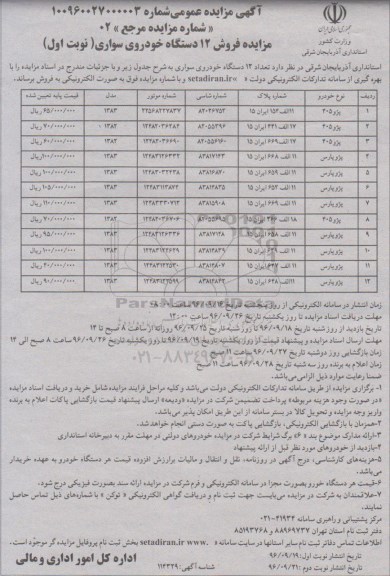 آگهی مزایده عمومی , مزایده فروش 12 دستگاه خودروی سواری