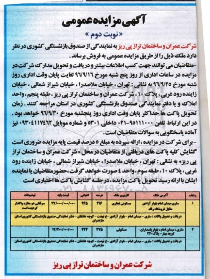 مزایده,مزایده فروش دو قطعه ملک مساحت 416 و 375 متر نوبت دوم