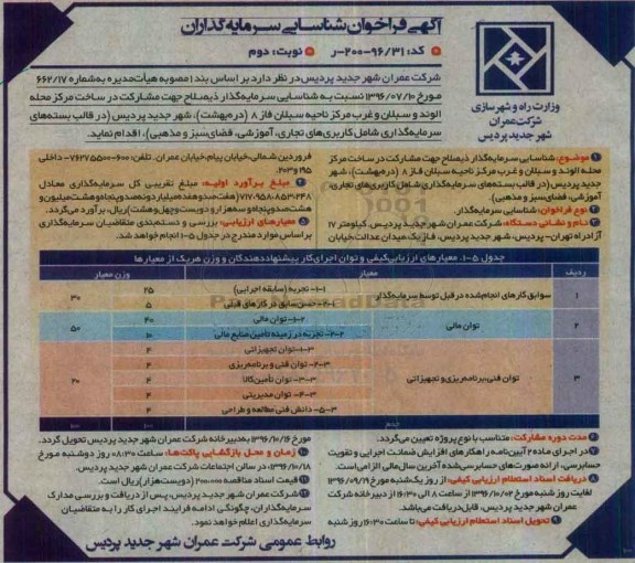 فراخوان ، فراخوان شناسایی سرمایه گذاران جهت مشارکت در ساخت نوبت دوم 