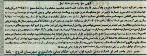 مزایده,مزایده یک پنجم از دو پنجم سه دانگ مشاع از پلاک 755 فرعی