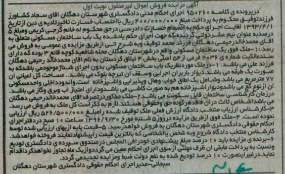 مزایده,مزایده ساختمان مسکونی مساحت اعیان 77 متر