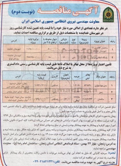 آگهی مناقصه,مناقصه تعدادی از اماکن مورد نیاز  - نوبت دوم