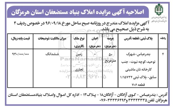 اصلاحیه مزایده,مزایده املاک در شهرستان بندرعباس