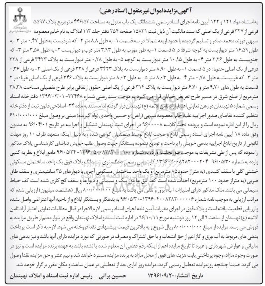 مزایده,مزایده ششدانگ یکباب منزل مساحت 446.57متر