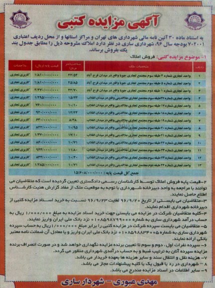 مزایده,مزایده فروش املاک شامل واحد تجاری