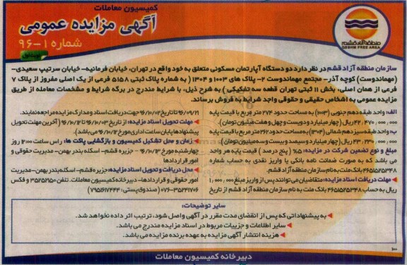 مزایده,مزایده فروش دو دستگاه آپارتمان مساحت 274 و 262متر