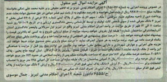 مزایده,مزایده ملک بخش چهار تبریز اموال غیرمنقول