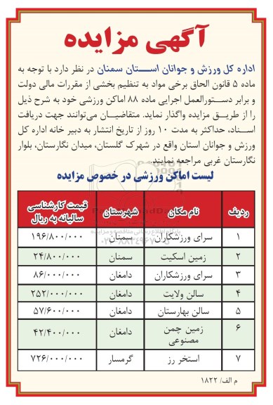 آگهی مزایده, مزایده واگذاری اماکن ورزشی