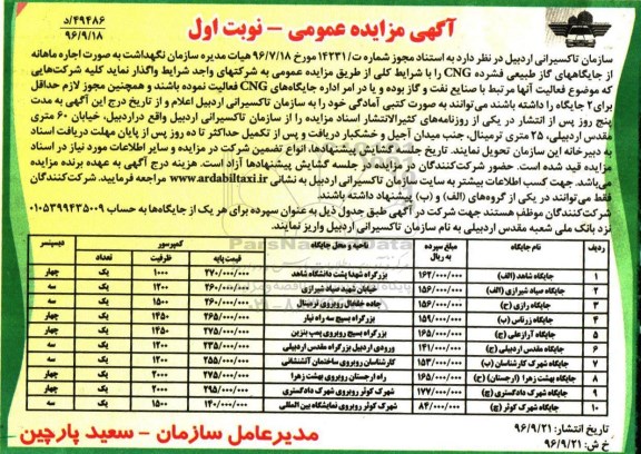آگهی مزایده عمومی، مزایده اجاره جایگاههای گاز طبیعی فشرده CNG