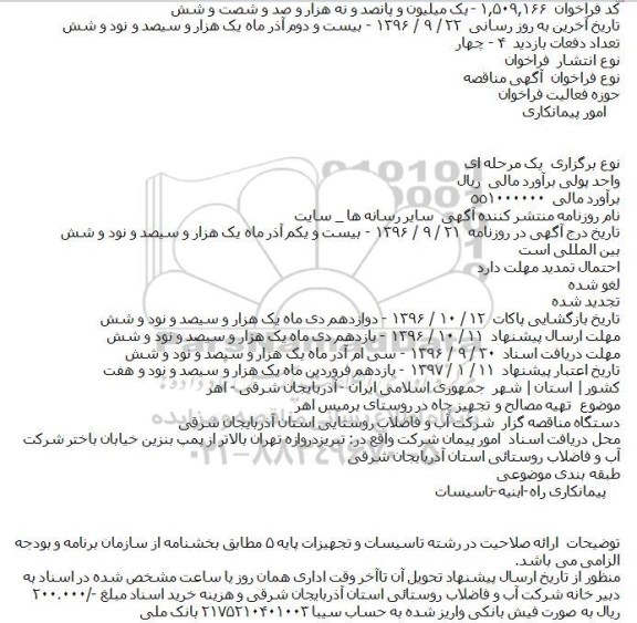 آگهی مناقصه, مناقصه تهیه مصالح و تجهیز چاه