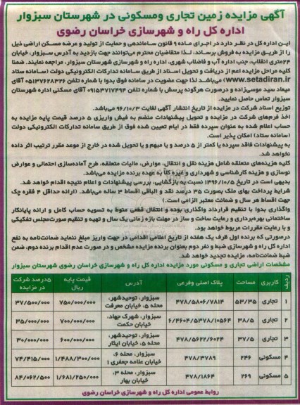 مزایده,مزایده زمین تجاری مسکونی شهرستان سبزوار