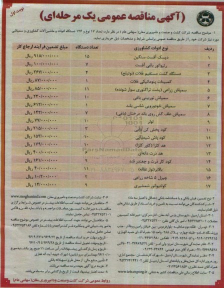 مناقصه عمومی, مناقصه خرید 126 دستگاه ادوات و ماشین آلات کشاورزی و سمپاشی