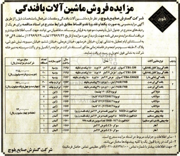 مزایده، مزایده فروش ماشین آلات بافندگی - 96.9.22