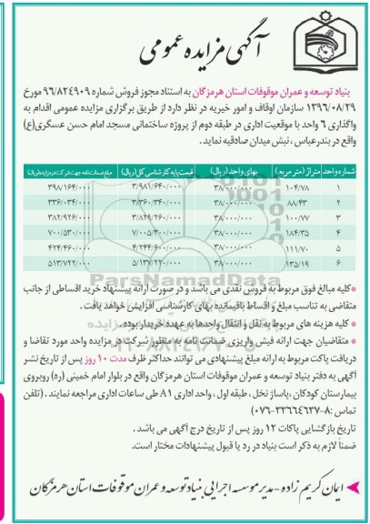 مزایده,مزایده واگذاری 6 واحد با موقعیت اداری 