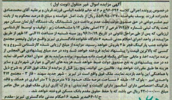 مزایده,مزایده ششدانگ اپارتمان مساحت عرصه 75 متر نوبت اول