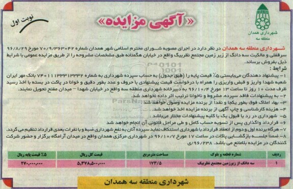 مزایده,مزایده فروش سرقفلی و مالکیت سه دانگ از زیرزمین