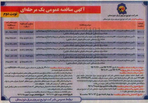 مناقصه , مناقصه تامین مصالح و تجهیزات، کالا و خدمات مرتبط مشتمل بر تولید با عرضه ...  نوبت دوم 