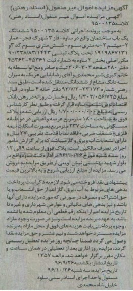 مزایده,مزایده ششدانگ ساختمان بخش دو ساوه 