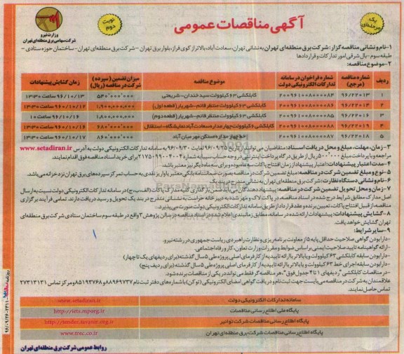 آگهی مناقصات عمومی, مناقصه کابلکشی 63 کیلوولت و ...نوبت دوم 
