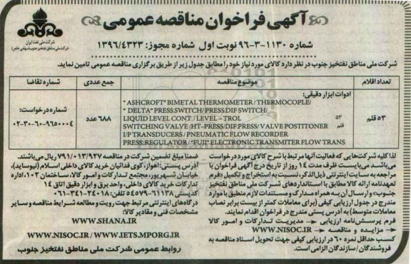 مناقصه,فراخوان مناقصه ادوات ابزار دقیق