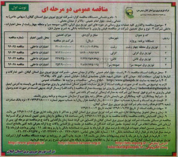 مناقصه عمومی, مناقصه  واگذاری اجرای عملیات برقرسانی