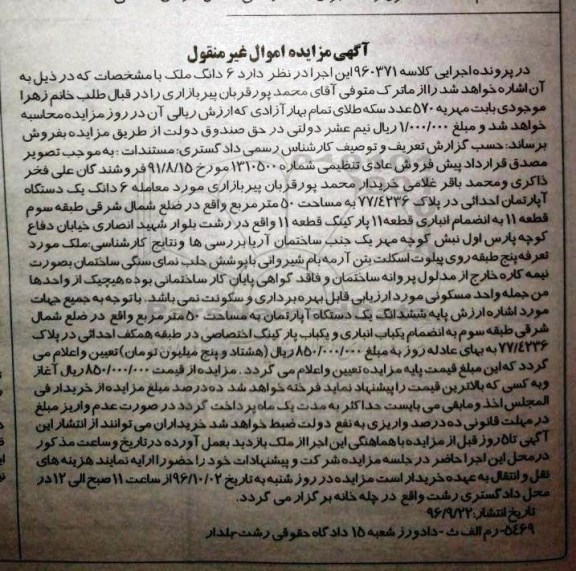 مزایده,مزایده ششدانگ اپارتمان مساحت 50 متر 