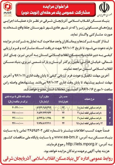 مزایده , مزایده مشارکت عمومی عملیات اجرایی پروژه های مسکونی - نوبت دوم
